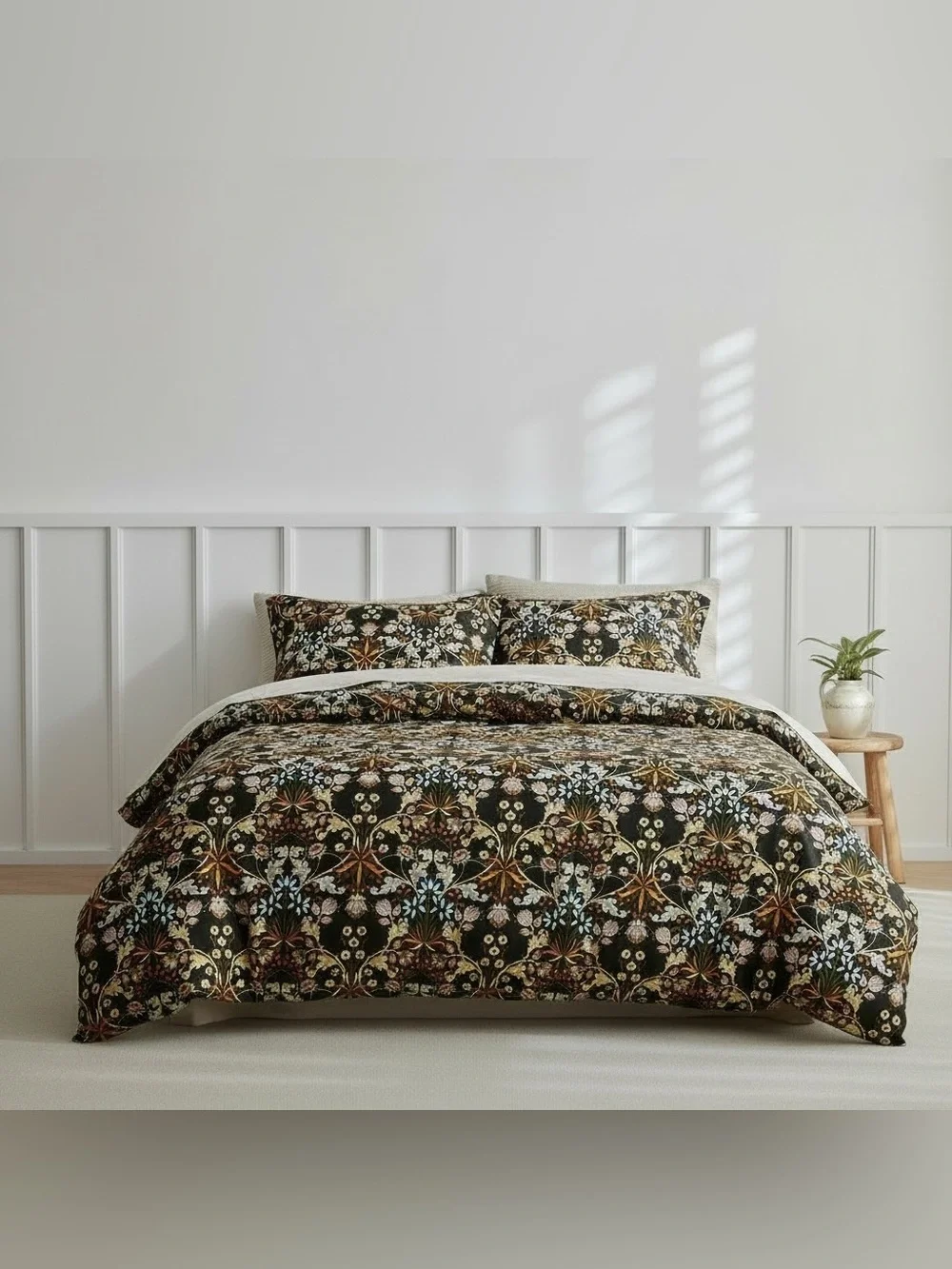 NEW Anthropologie Black Orange Floral Cotton Queen / King Bedding Duvet Sham Set